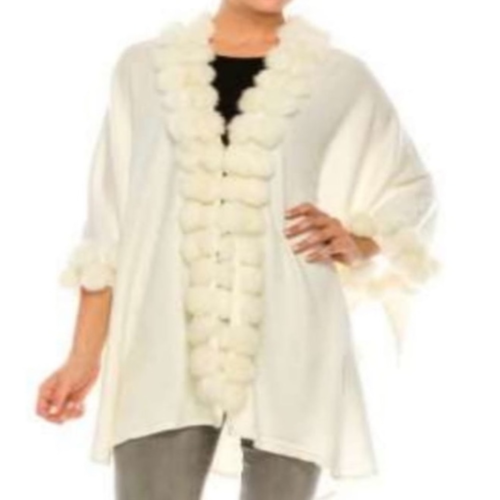 Real rabbit fur cape/shawl with sleeves comes in burgundydy red and off white